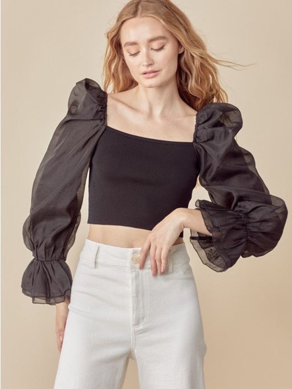 Sheer Puff-Sleeve Black Square Neck Crop Top